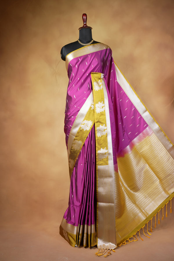 Magenta Soft Silk Saree | Mustard Olive Contrast Pallu with Golden Motifs | Festive Wedding Saree