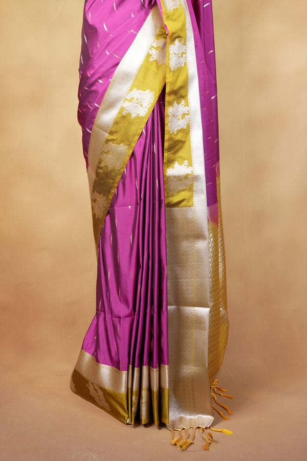 Magenta Soft Silk Saree | Mustard Olive Contrast Pallu with Golden Motifs | Festive Wedding Saree