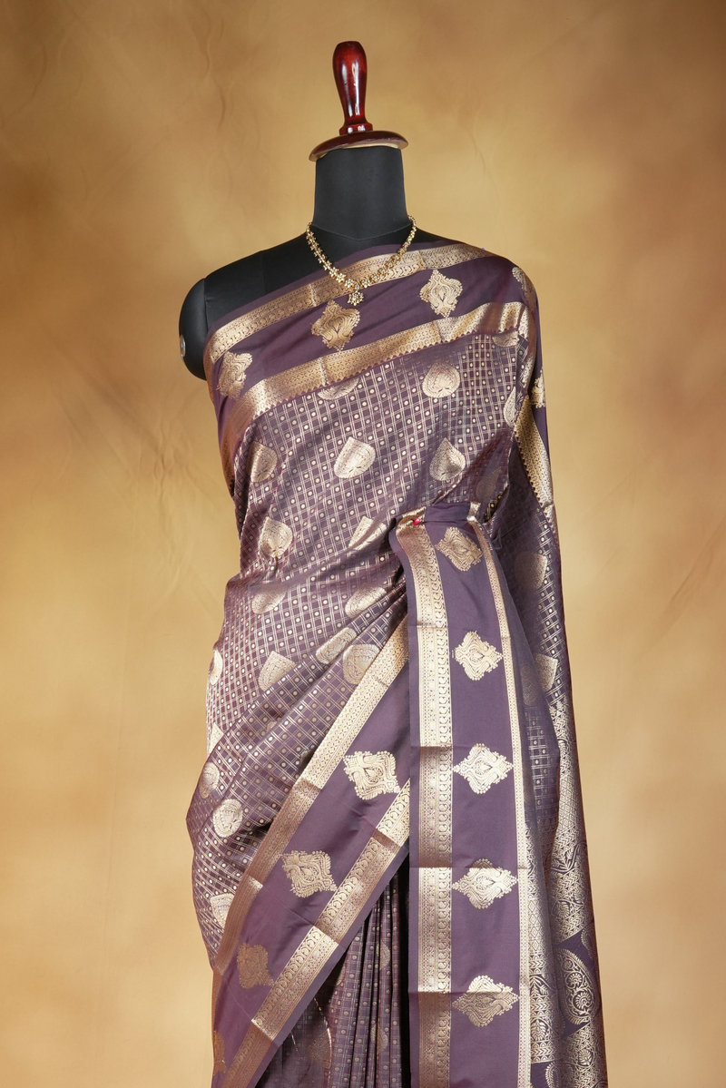 Coffee Brown Art Silk Saree | Gold Zari Butta Work with Woven Border | Wedding & Festive Wear