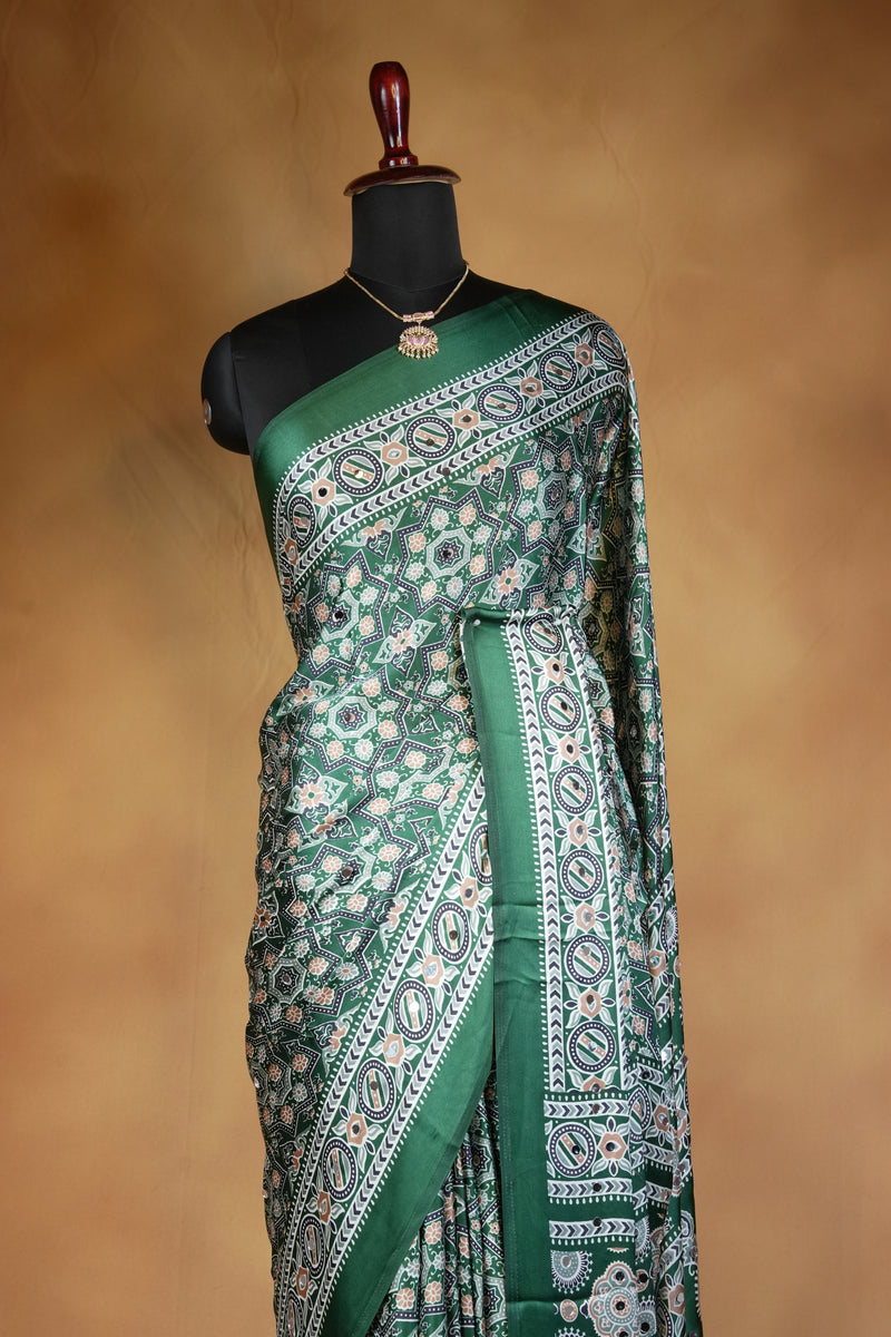 Masakali Print Saree | Grey & Green Bandhani Style with Ajrakh Border | Trendy Ethnic Wear
