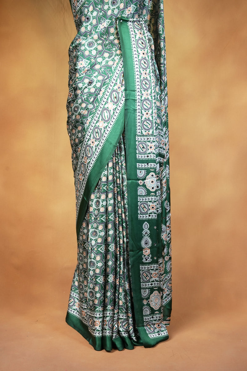 Masakali Print Saree | Grey & Green Bandhani Style with Ajrakh Border | Trendy Ethnic Wear