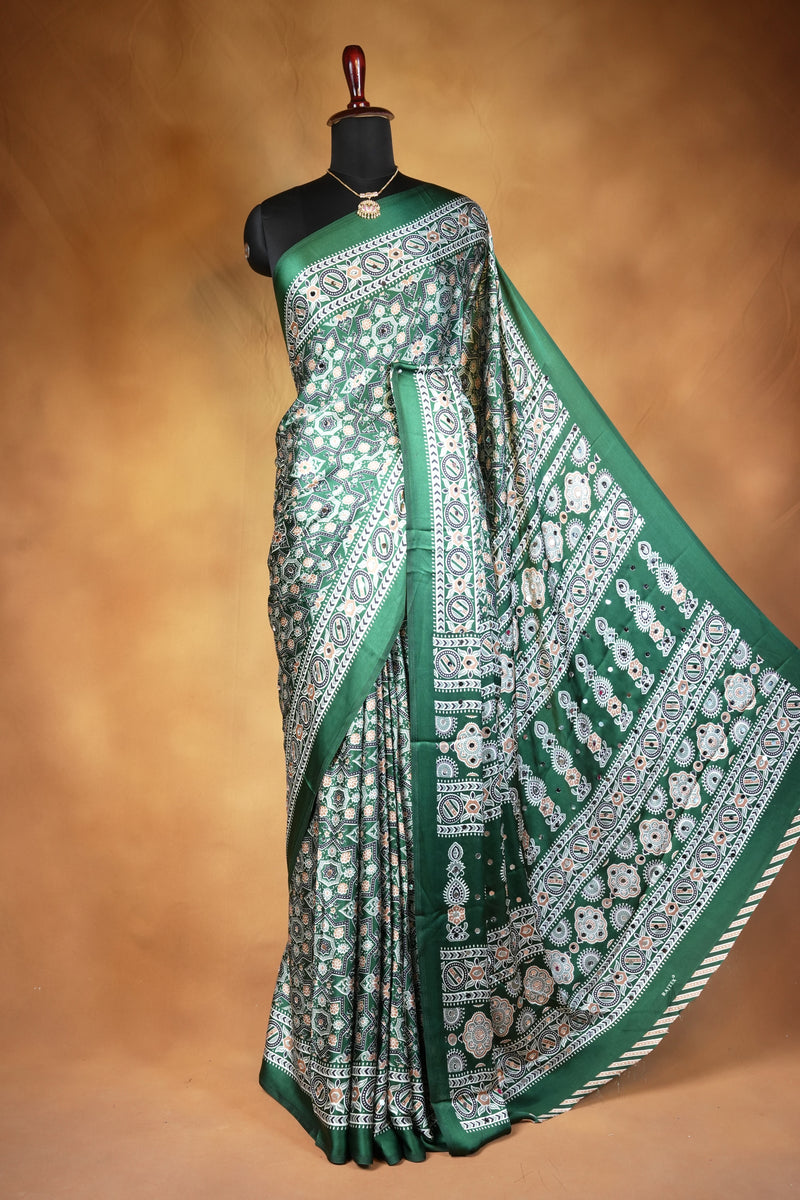 Masakali Print Saree | Grey & Green Bandhani Style with Ajrakh Border | Trendy Ethnic Wear