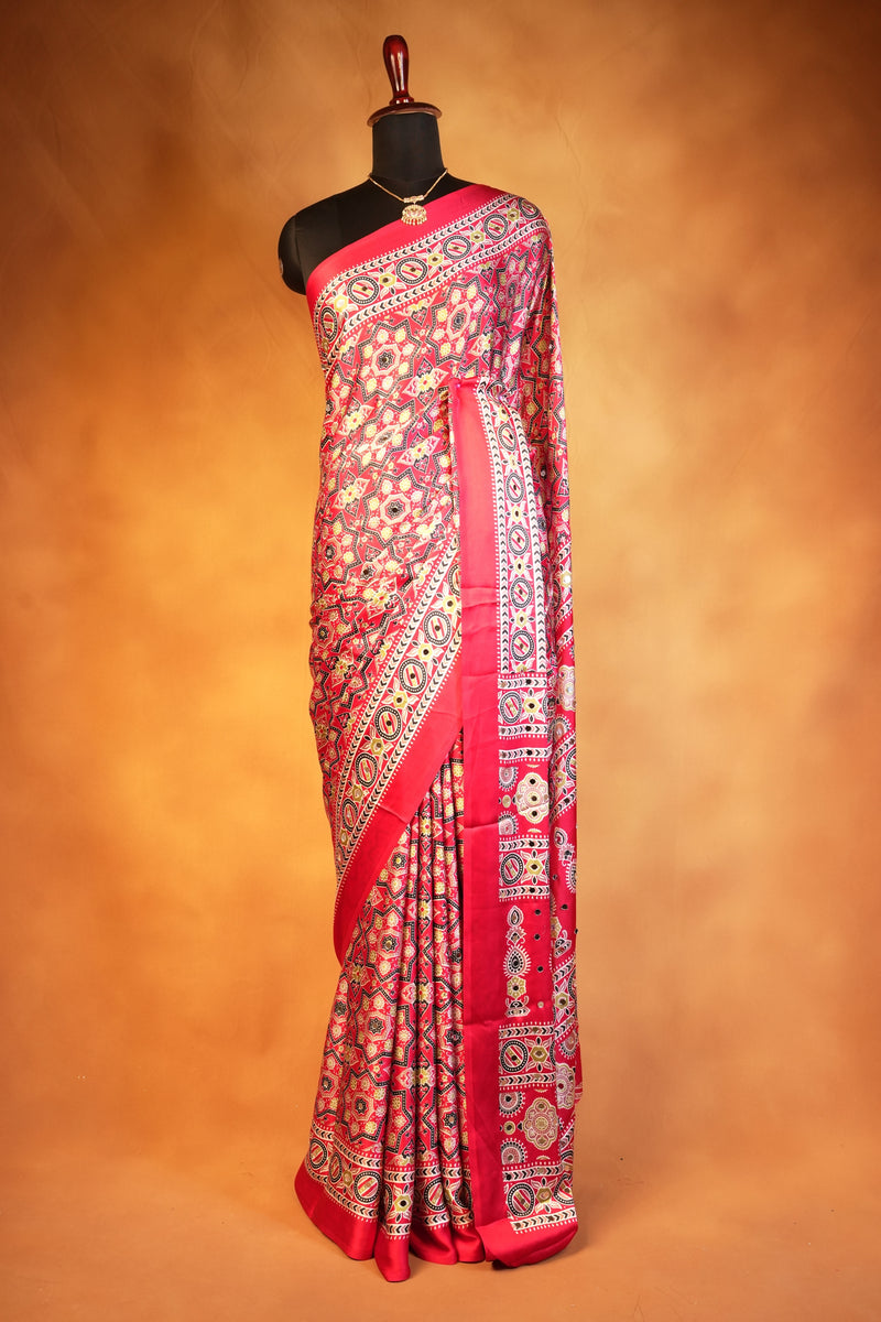 Red Masakali Saree | All-Over Gold Ajrakh Print with Rich Border | Wedding & Party Wear