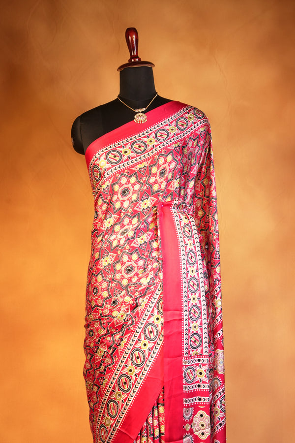 Red Masakali Saree | All-Over Gold Ajrakh Print with Rich Border | Wedding & Party Wear