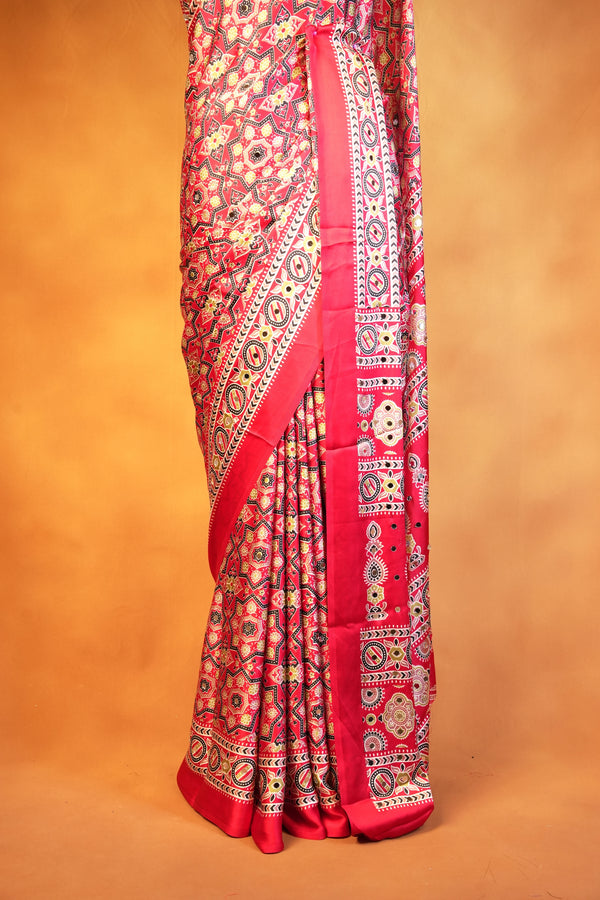 Red Masakali Saree | All-Over Gold Ajrakh Print with Rich Border | Wedding & Party Wear
