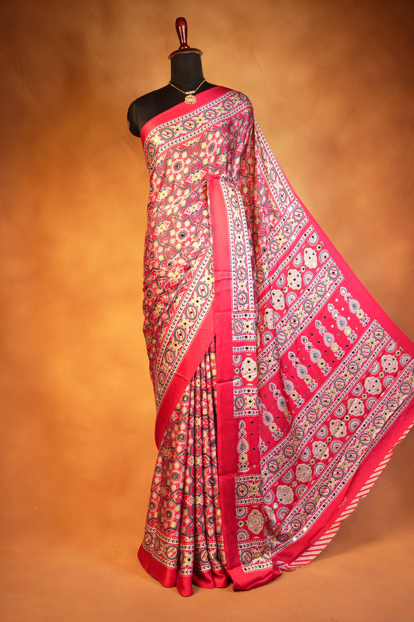 Red Masakali Saree | All-Over Gold Ajrakh Print with Rich Border | Wedding & Party Wear