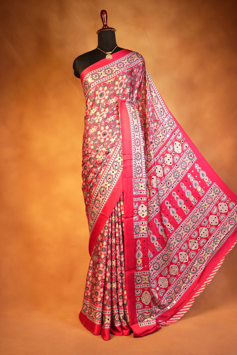 Red Masakali Saree | All-Over Gold Ajrakh Print with Rich Border | Wedding & Party Wear