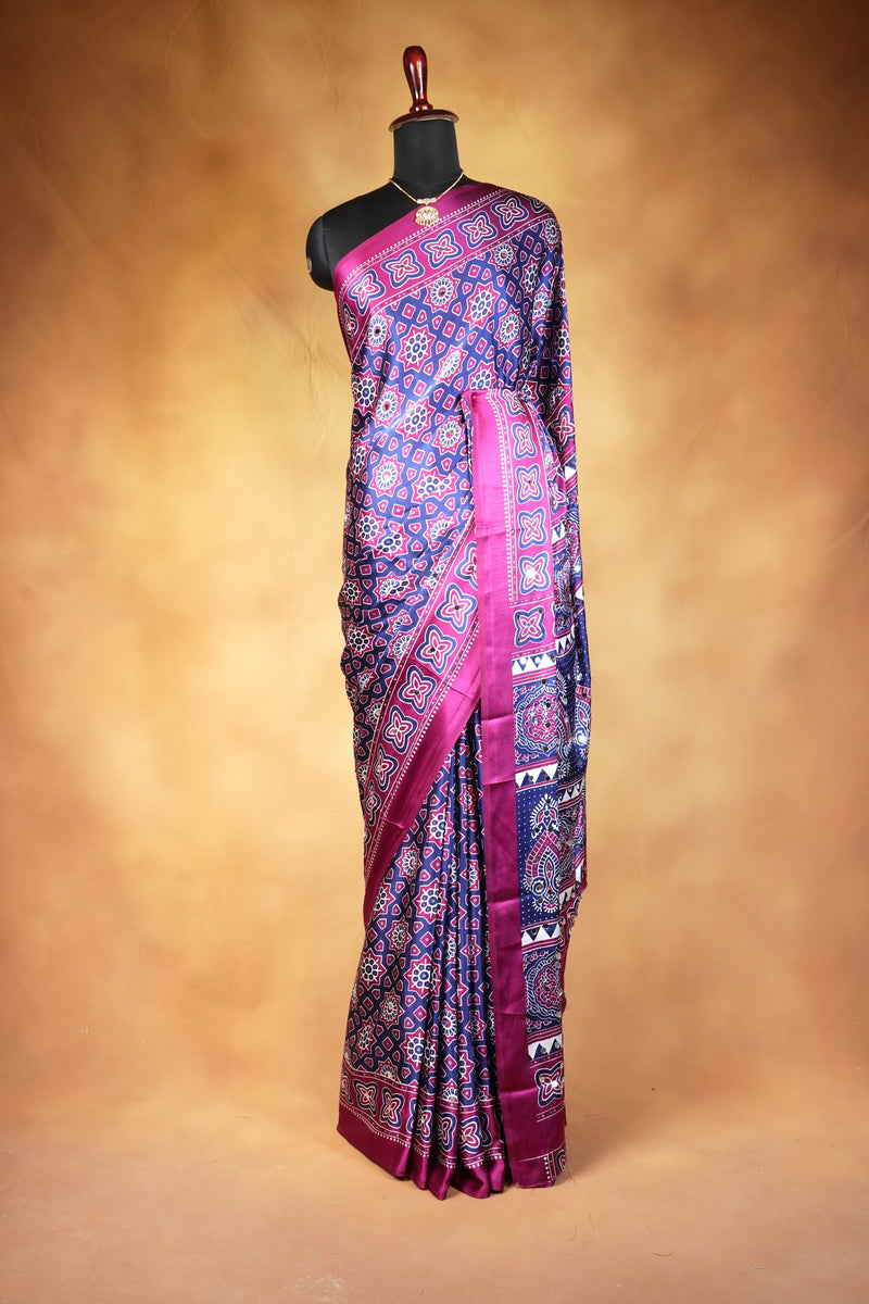 Masakali Satin Saree | Navy & Pink Ajrakh Geometric Design with Peacock Border | Ethnic Wear