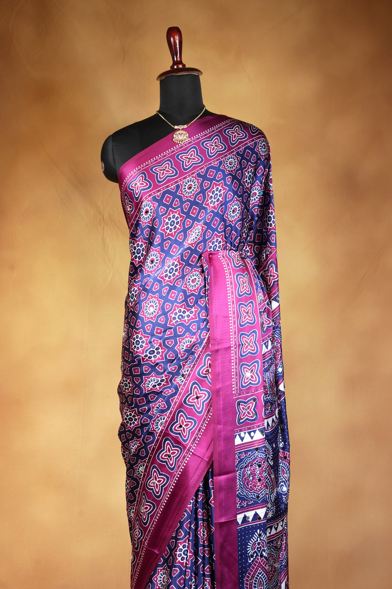 Masakali Satin Saree | Navy & Pink Ajrakh Geometric Design with Peacock Border | Ethnic Wear