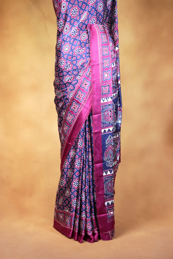 Masakali Satin Saree | Navy & Pink Ajrakh Geometric Design with Peacock Border | Ethnic Wear