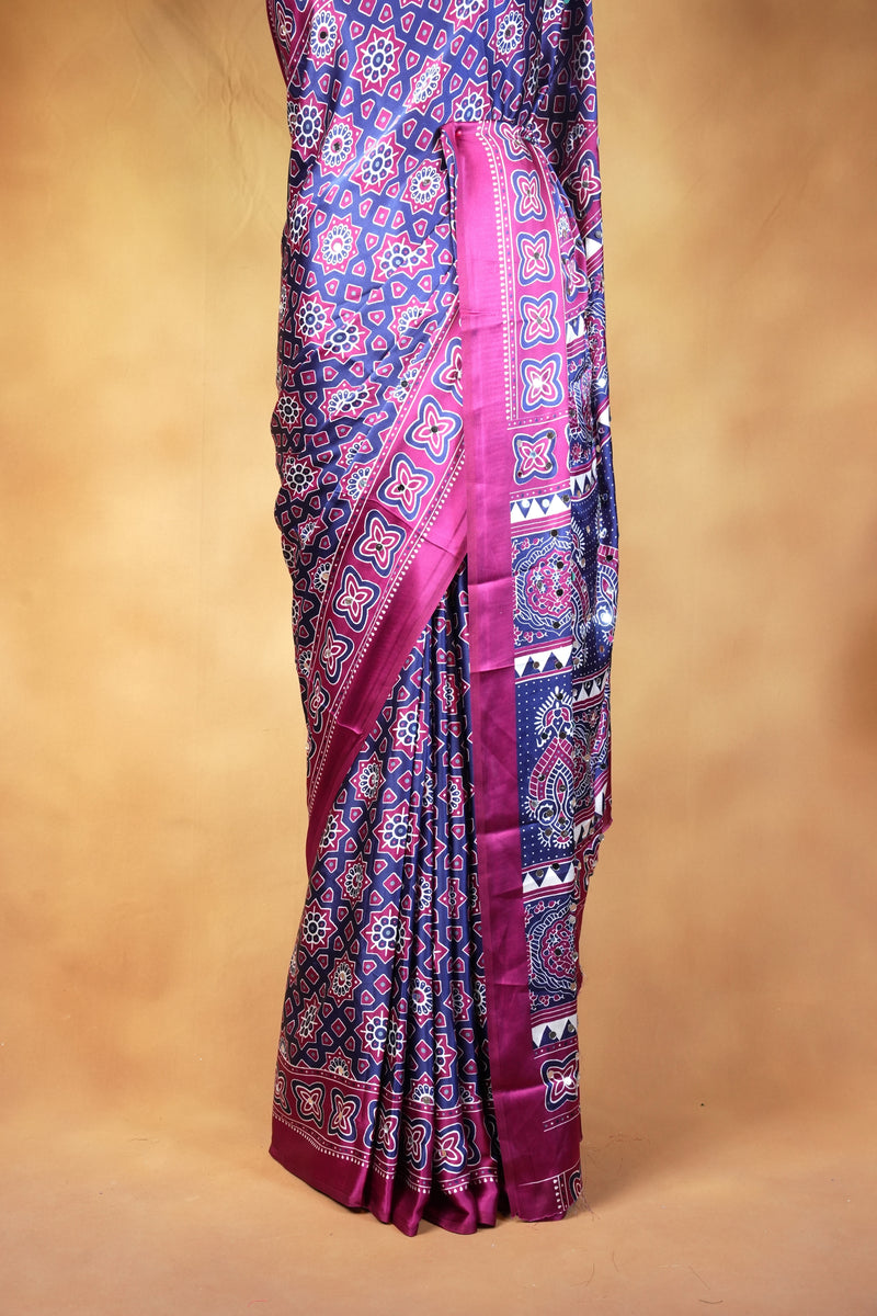 Masakali Satin Saree | Navy & Pink Ajrakh Geometric Design with Peacock Border | Ethnic Wear