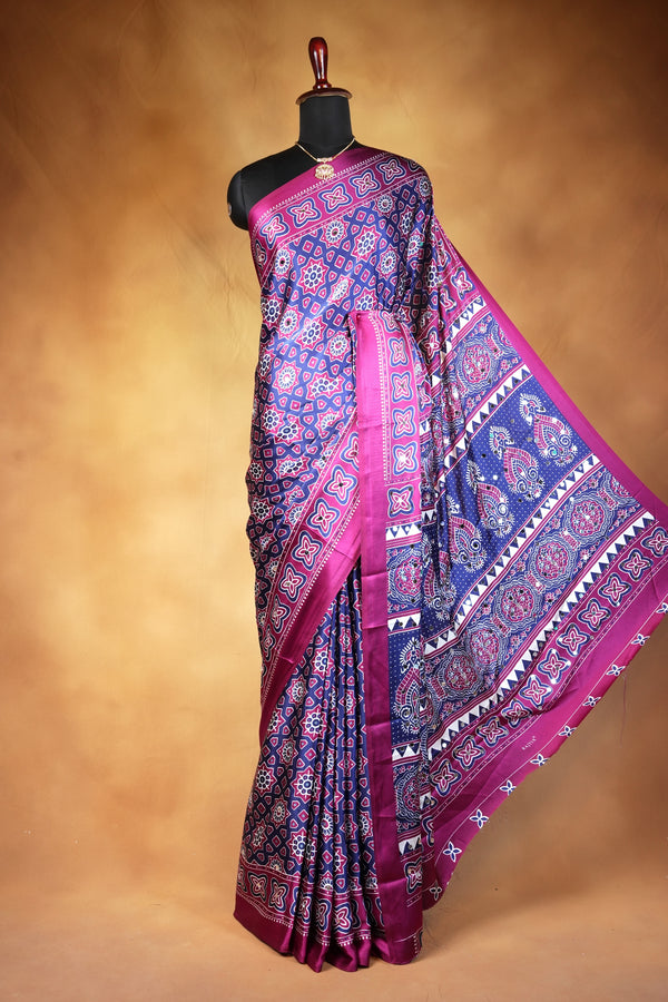 Masakali Satin Saree | Navy & Pink Ajrakh Geometric Design with Peacock Border | Ethnic Wear