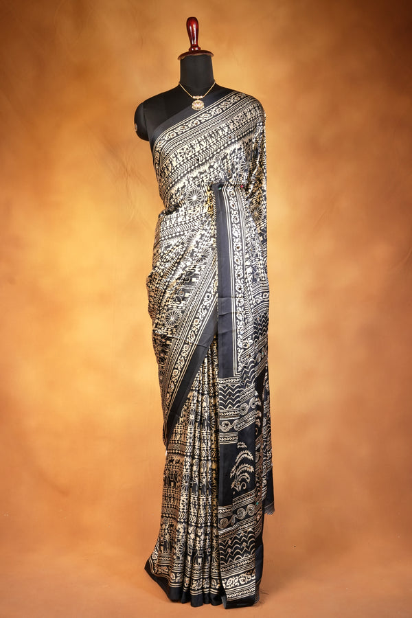 Masakali Satin Saree | Black & Gold Warli Tribal Print with Floral Border | Ethnic Wear