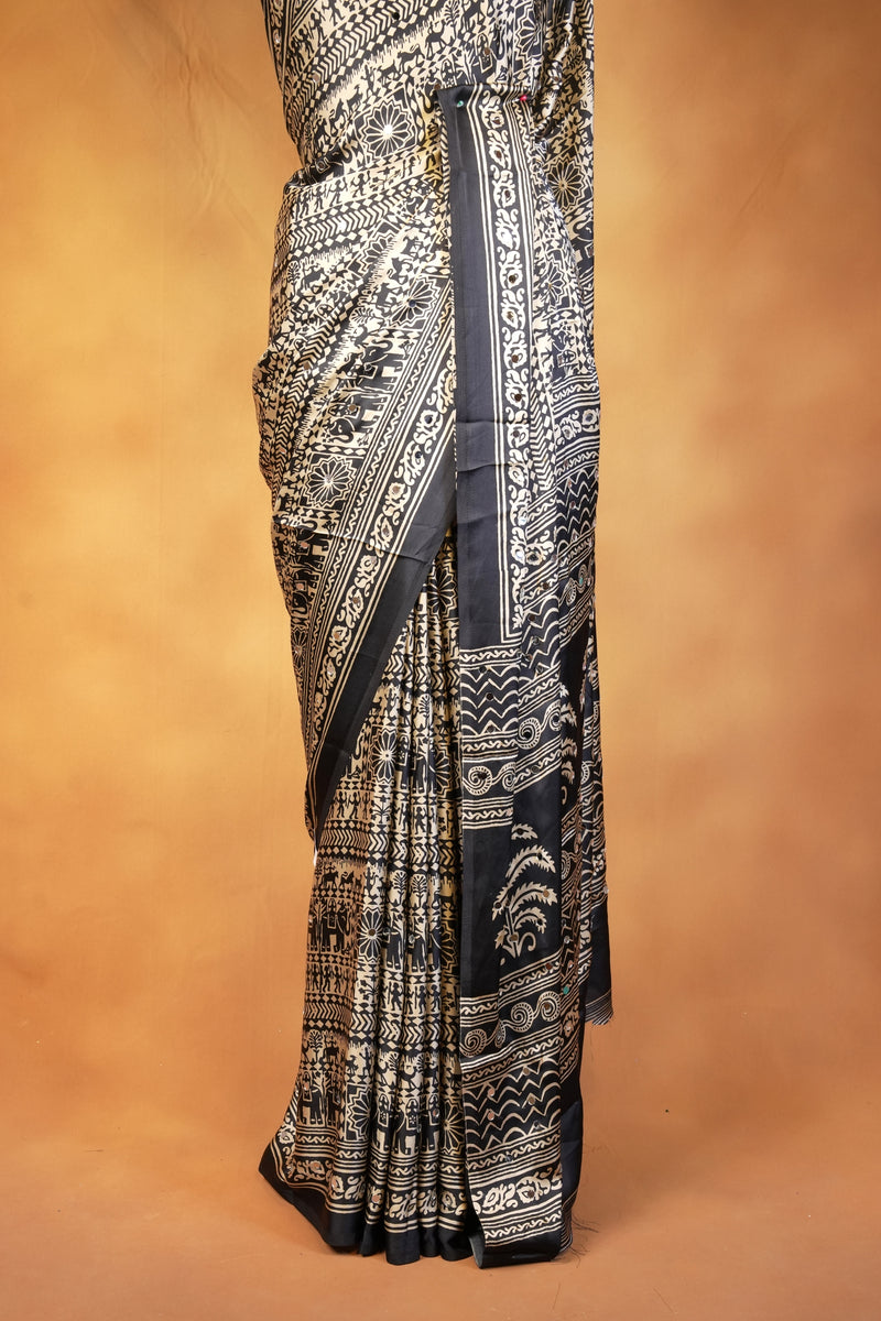 Masakali Satin Saree | Black & Gold Warli Tribal Print with Floral Border | Ethnic Wear
