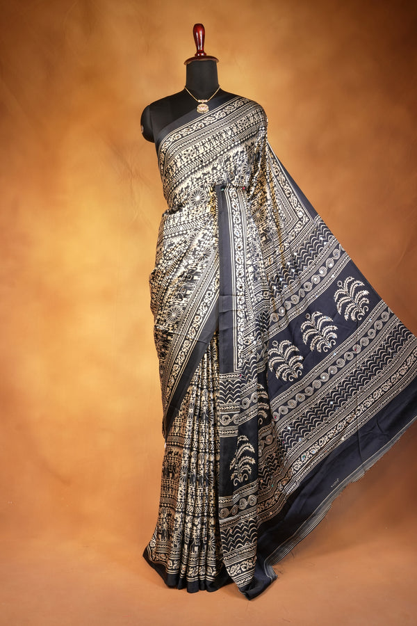 Masakali Satin Saree | Black & Gold Warli Tribal Print with Floral Border | Ethnic Wear