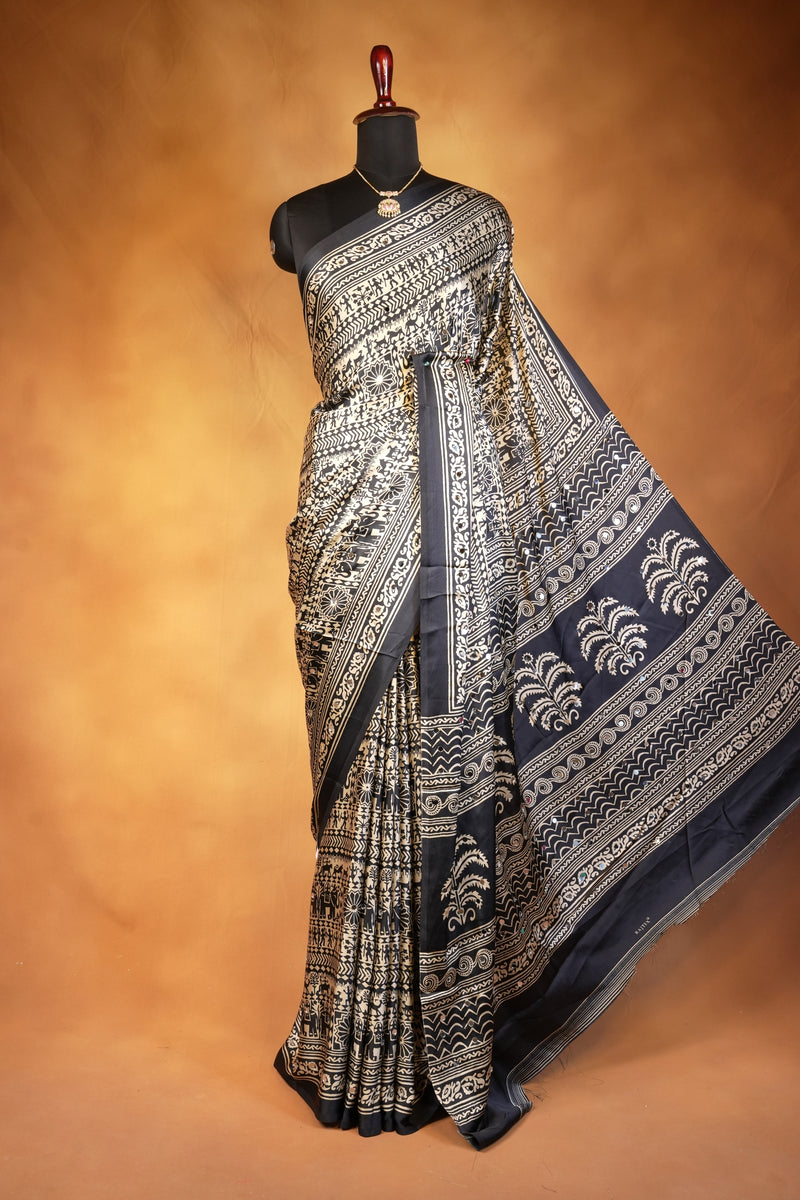 Masakali Satin Saree | Black & Gold Warli Tribal Print with Floral Border | Ethnic Wear