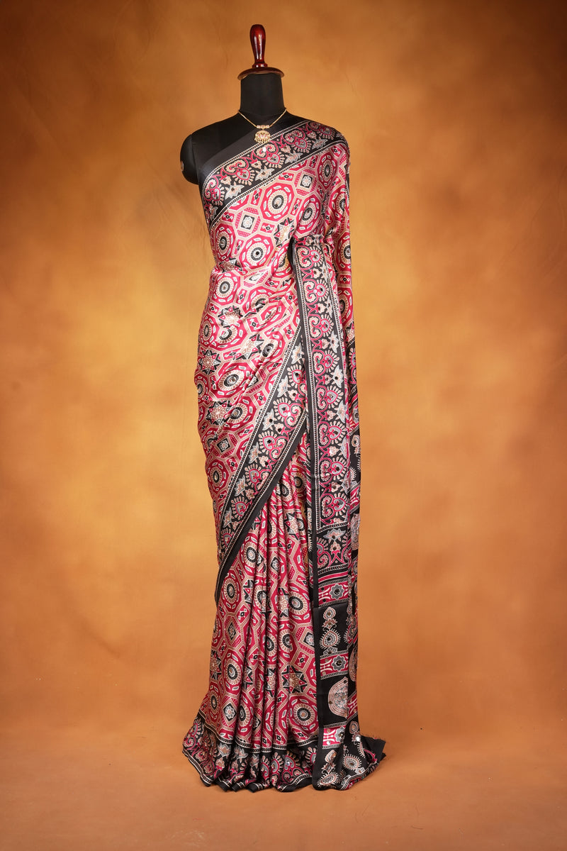 Masakali Satin Saree | Maroon & Black Medallion Print with Paisley Border | Ethnic Wear