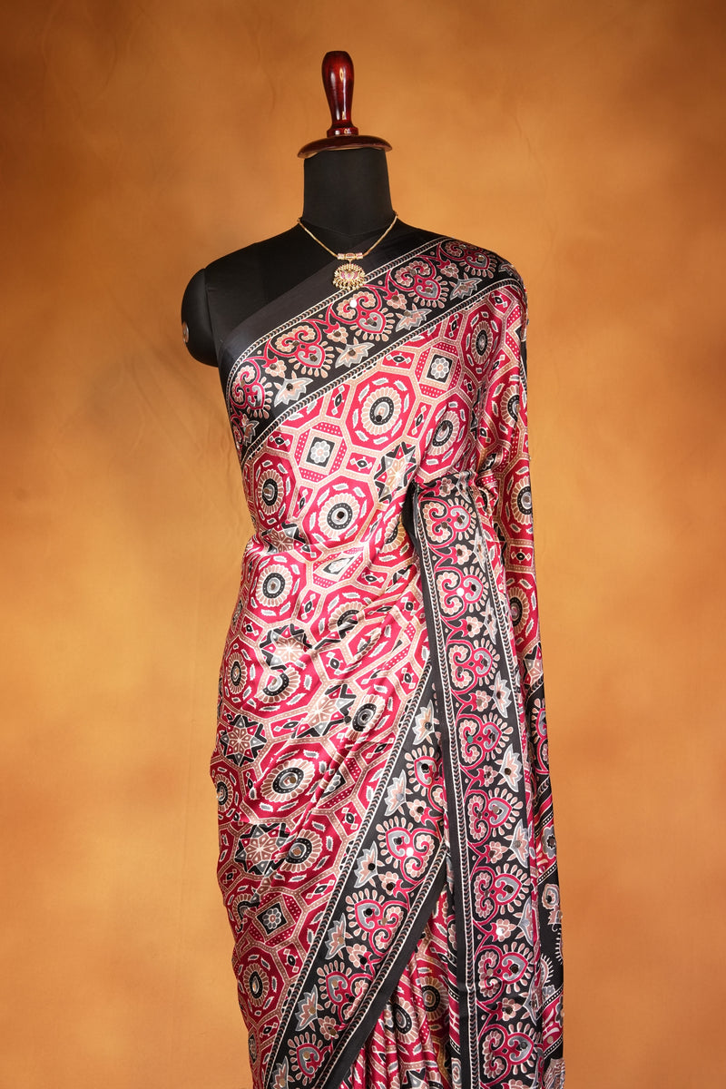Masakali Satin Saree | Maroon & Black Medallion Print with Paisley Border | Ethnic Wear