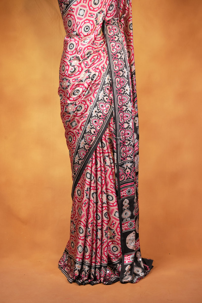 Masakali Satin Saree | Maroon & Black Medallion Print with Paisley Border | Ethnic Wear