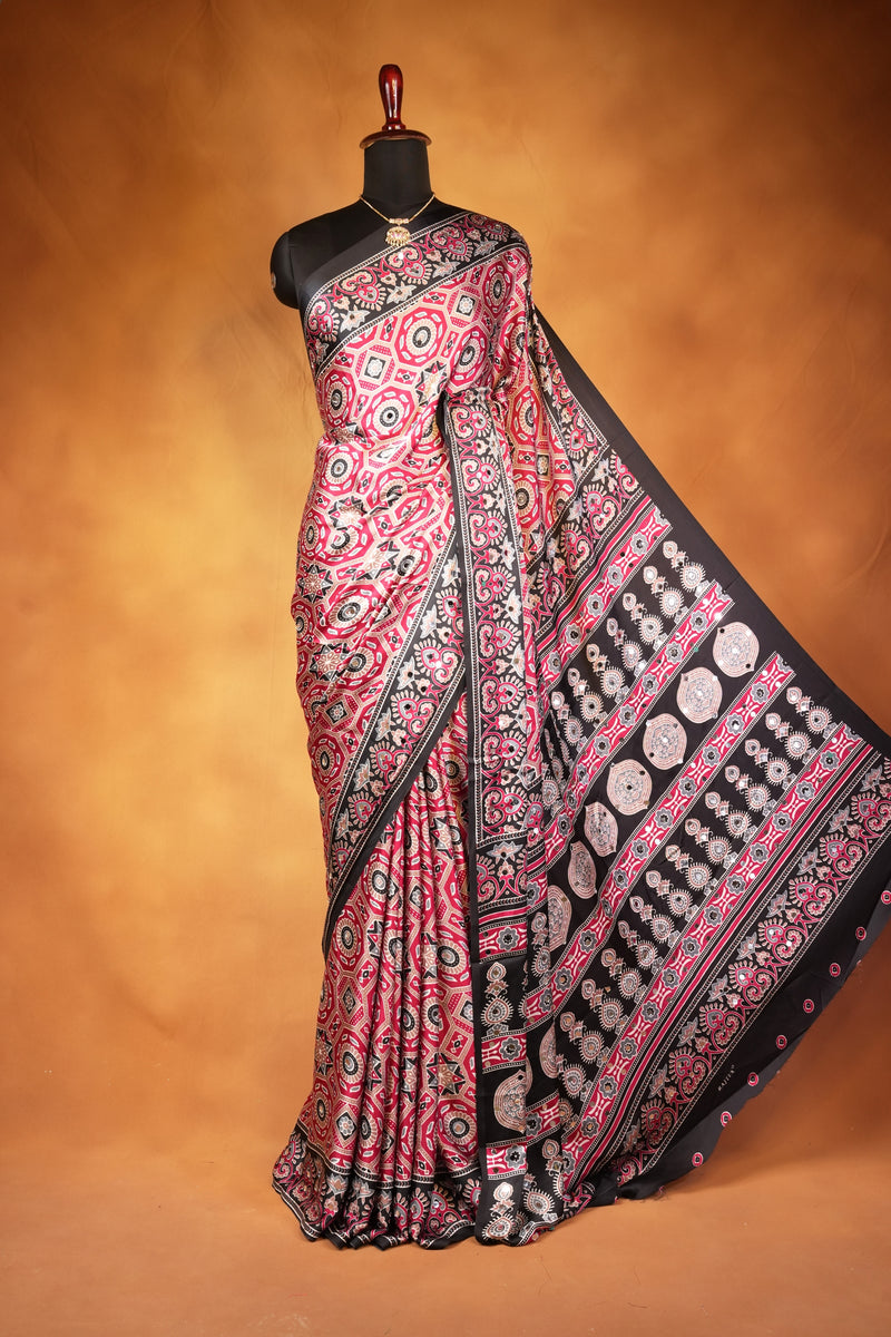 Masakali Satin Saree | Maroon & Black Medallion Print with Paisley Border | Ethnic Wear