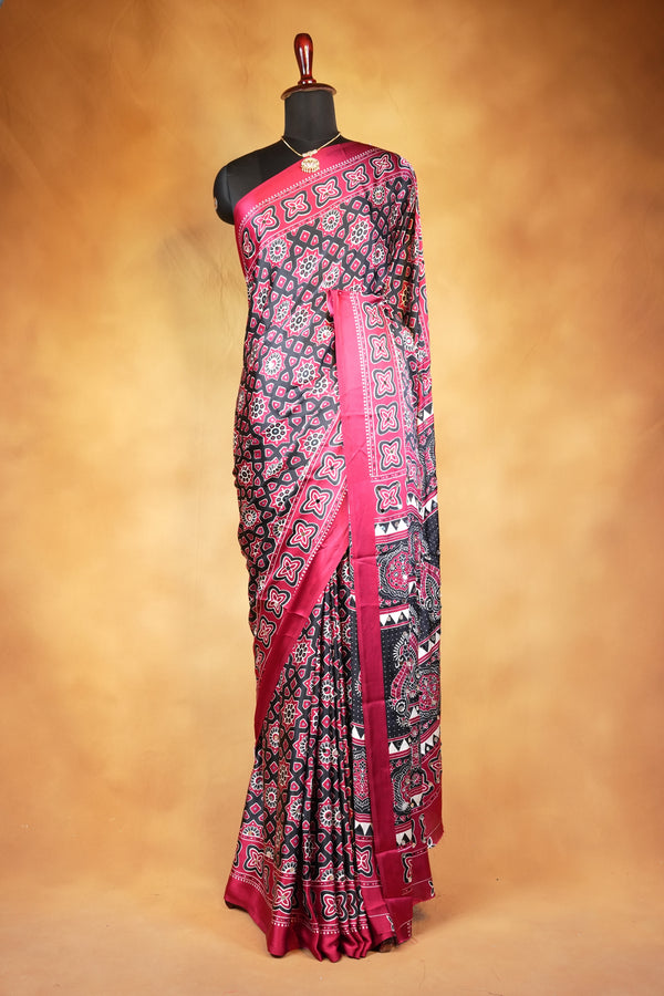 Red Black Masakali Saree | Star Print Satin Saree with Paisley Pallu | Festive Wear