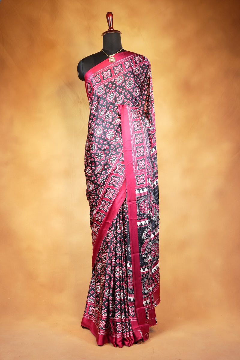 Red Black Masakali Saree | Star Print Satin Saree with Paisley Pallu | Festive Wear