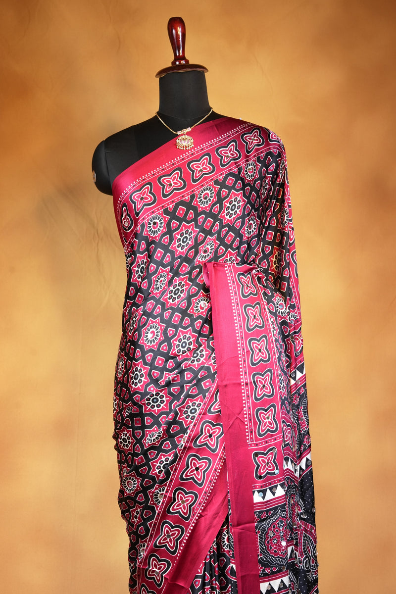 Red Black Masakali Saree | Star Print Satin Saree with Paisley Pallu | Festive Wear