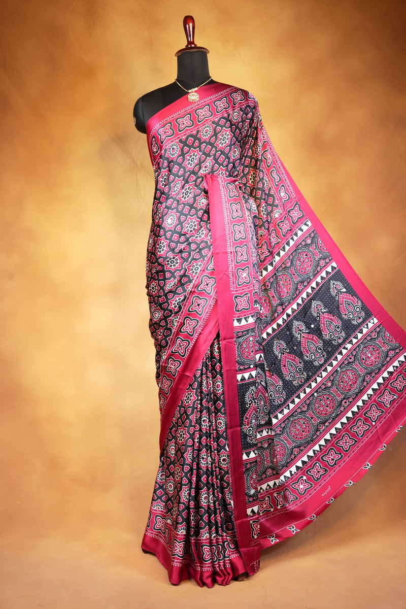 Red Black Masakali Saree | Star Print Satin Saree with Paisley Pallu | Festive Wear