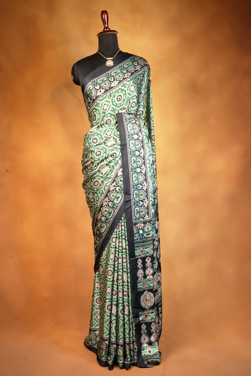 Masakali Style Satin Saree | Green Octagonal Medallion Print with Black Border | Party Wear