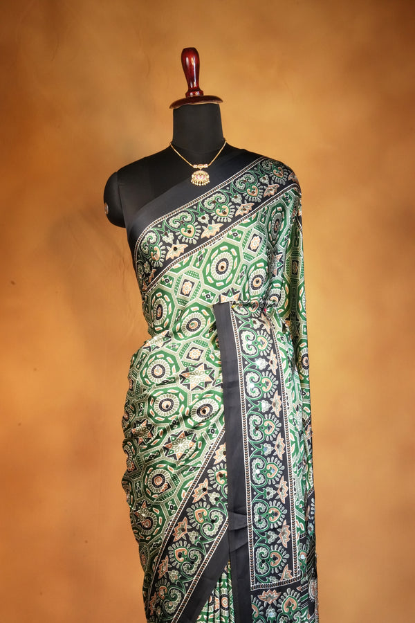 Masakali Style Satin Saree | Green Octagonal Medallion Print with Black Border | Party Wear