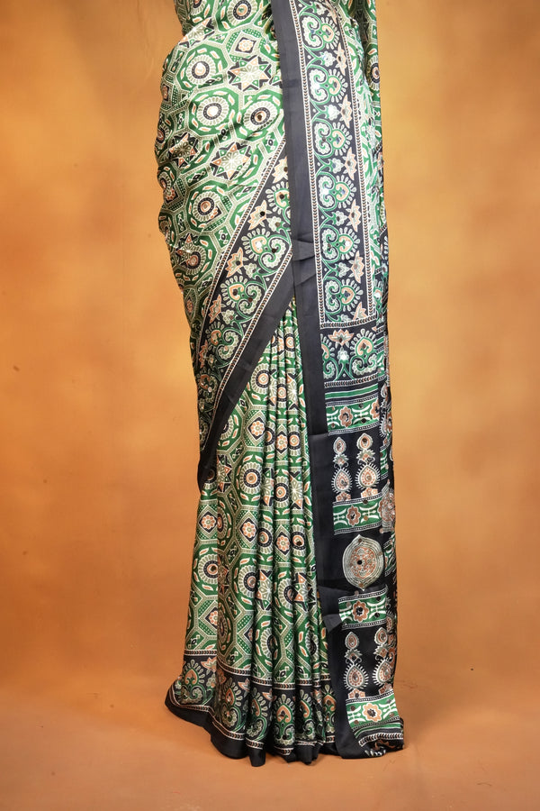 Masakali Style Satin Saree | Green Octagonal Medallion Print with Black Border | Party Wear