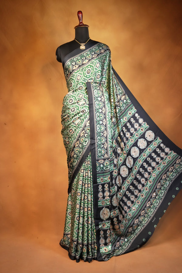 Masakali Style Satin Saree | Green Octagonal Medallion Print with Black Border | Party Wear