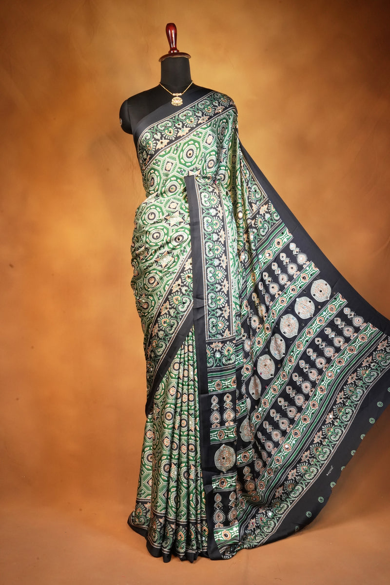 Masakali Style Satin Saree | Green Octagonal Medallion Print with Black Border | Party Wear