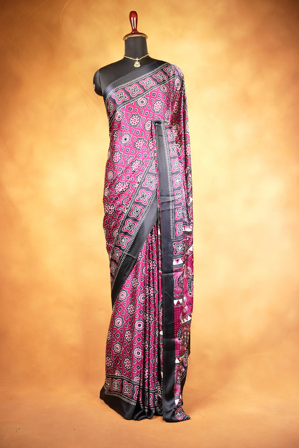 Masakali Satin Saree | Magenta & Black Ajrakh Geometric Print | Festive & Party Wear