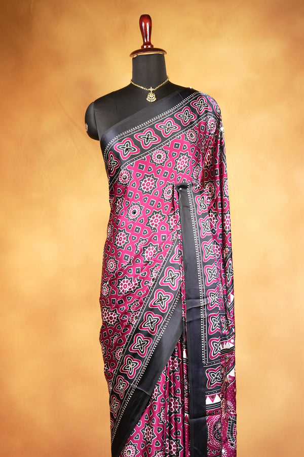 Masakali Satin Saree | Magenta & Black Ajrakh Geometric Print | Festive & Party Wear