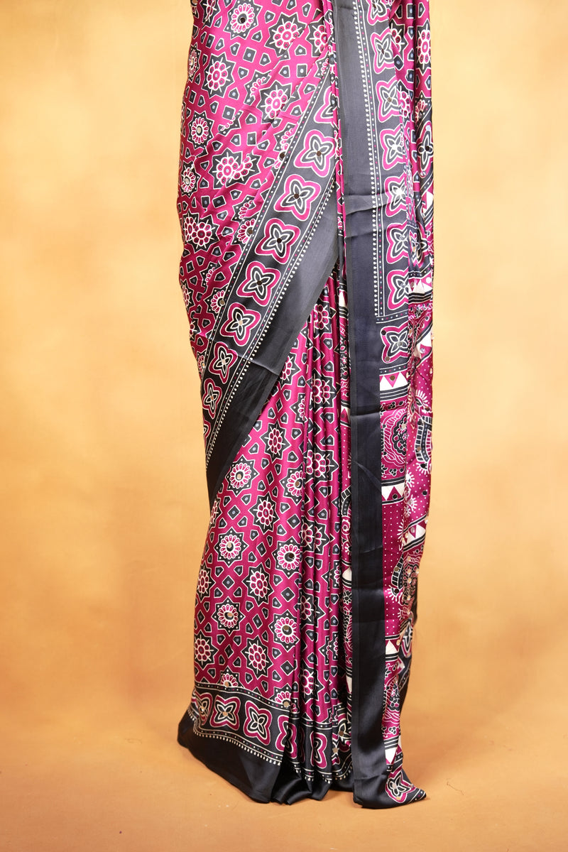 Masakali Satin Saree | Magenta & Black Ajrakh Geometric Print | Festive & Party Wear