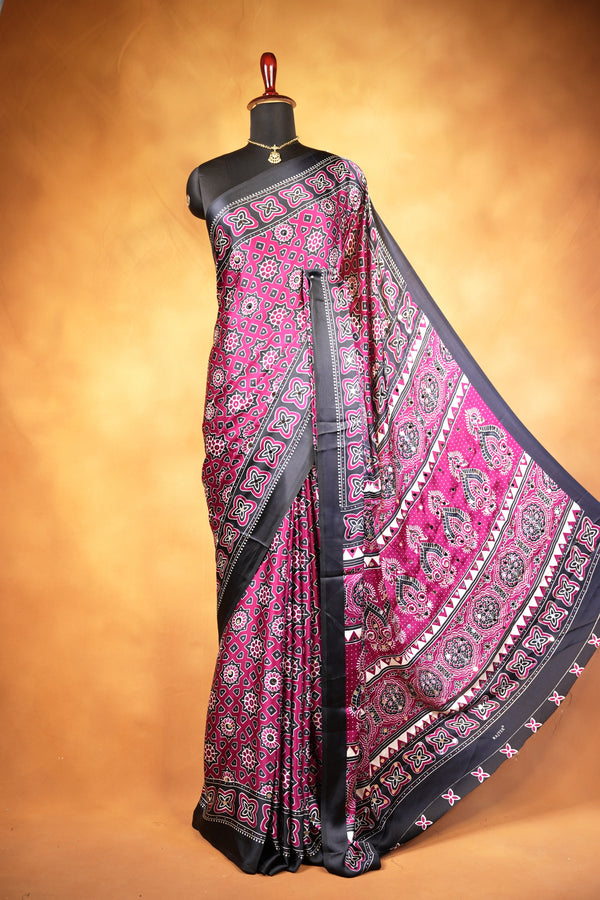 Masakali Satin Saree | Magenta & Black Ajrakh Geometric Print | Festive & Party Wear