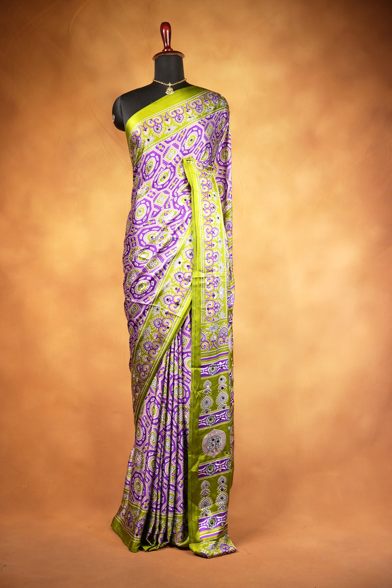 Masakali Satin Saree | Purple & Lime Green Ajrakh Print with Mirror Work | Festive Wear