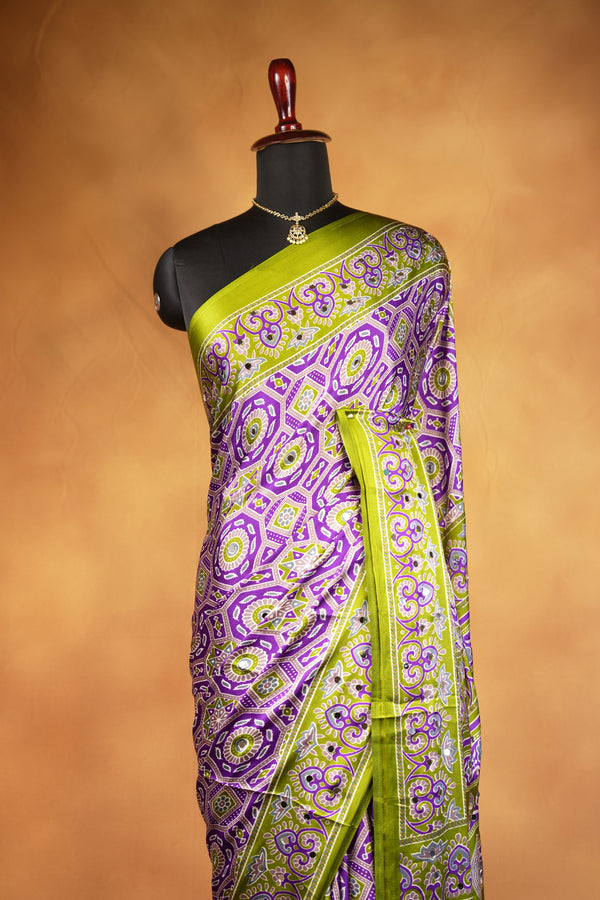 Masakali Satin Saree | Purple & Lime Green Ajrakh Print with Mirror Work | Festive Wear