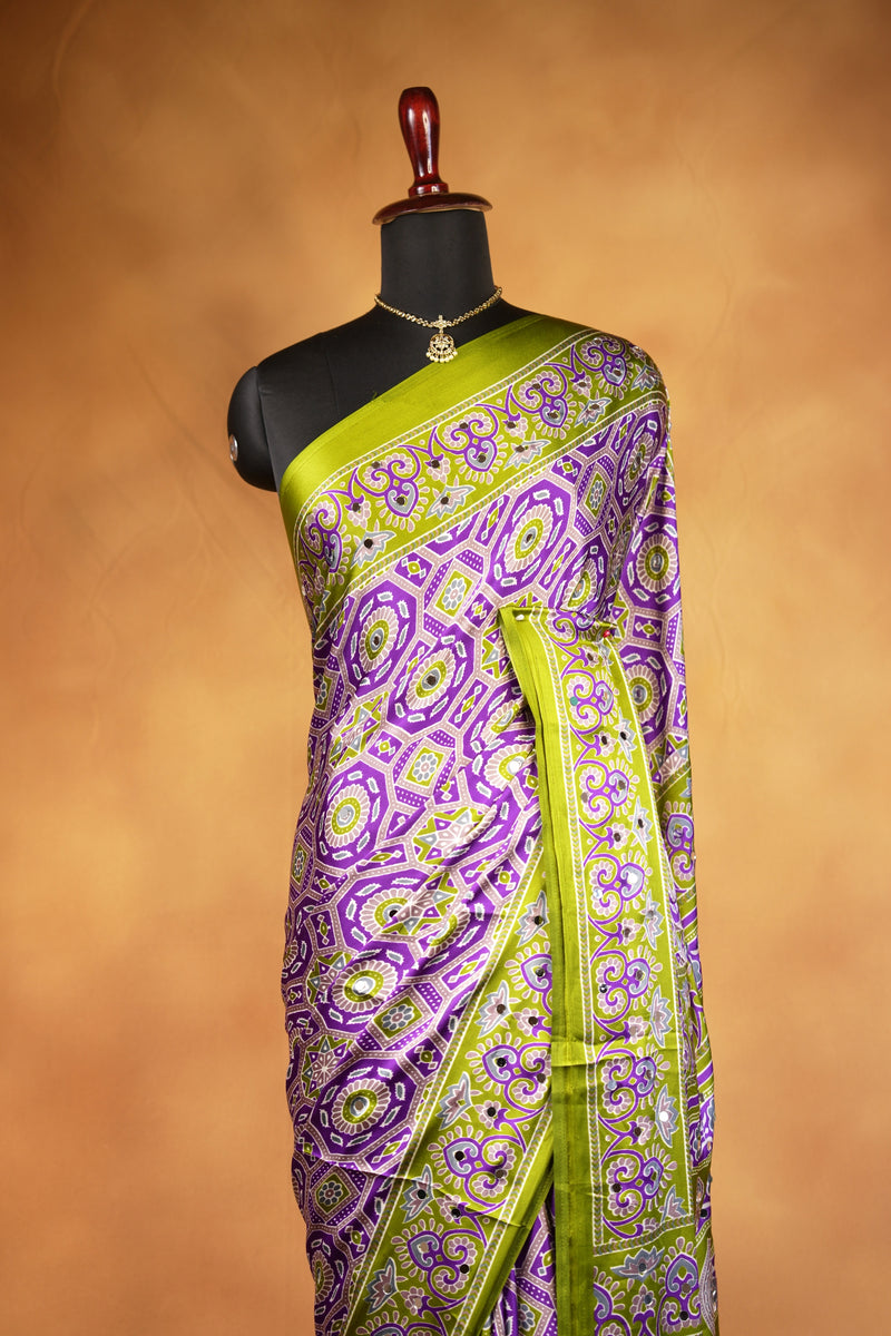 Masakali Satin Saree | Purple & Lime Green Ajrakh Print with Mirror Work | Festive Wear