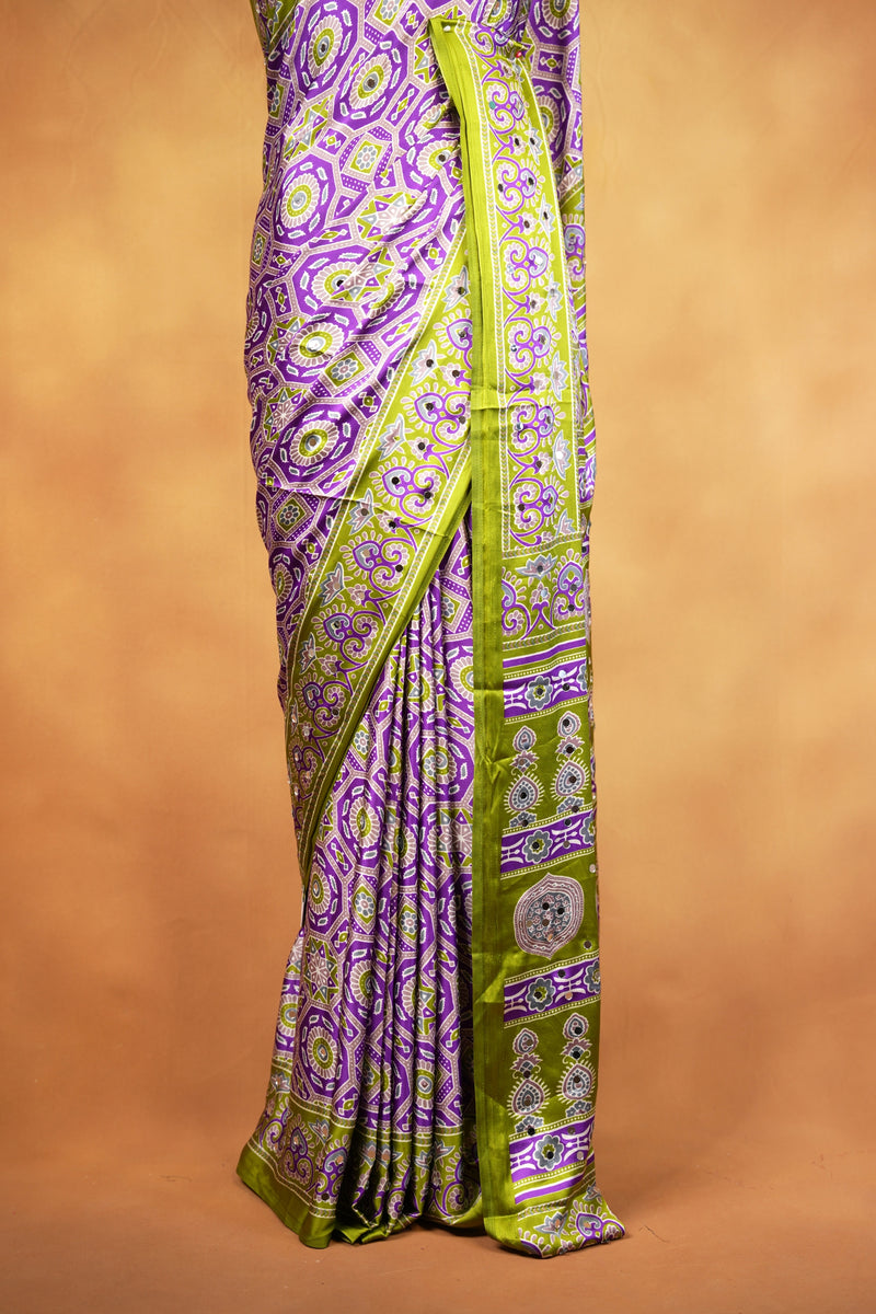 Masakali Satin Saree | Purple & Lime Green Ajrakh Print with Mirror Work | Festive Wear