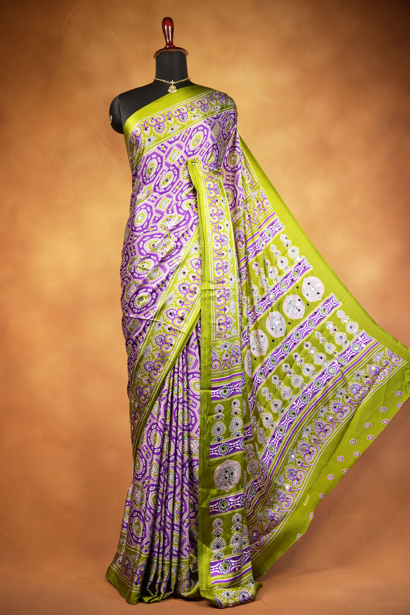 Masakali Satin Saree | Purple & Lime Green Ajrakh Print with Mirror Work | Festive Wear