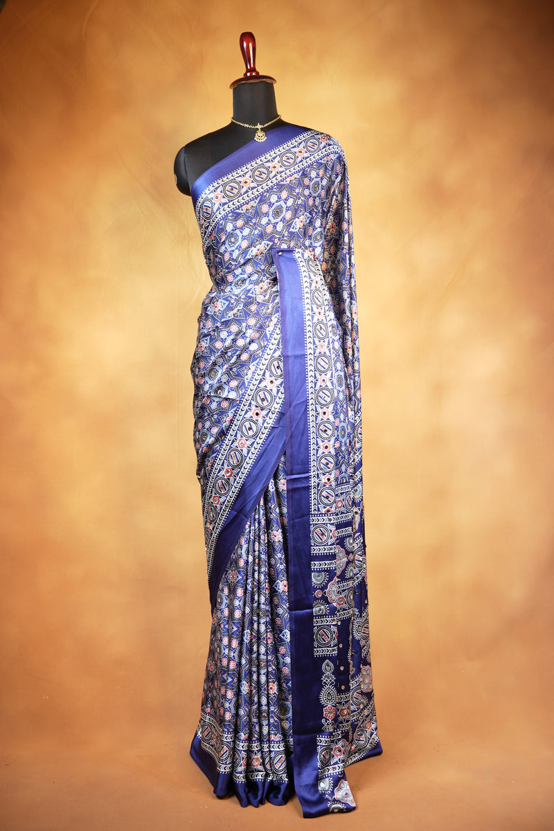 Masakali Style Satin Saree | Navy Star Motif with Mirror Embellished Border | Ethnic Wear
