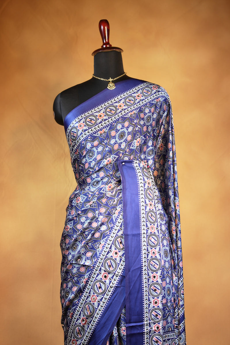 Masakali Style Satin Saree | Navy Star Motif with Mirror Embellished Border | Ethnic Wear