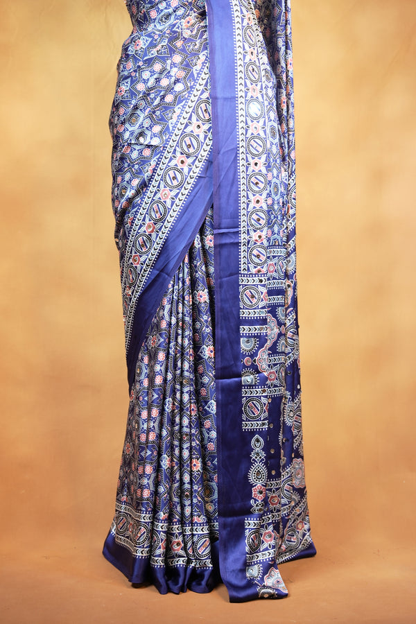 Masakali Style Satin Saree | Navy Star Motif with Mirror Embellished Border | Ethnic Wear