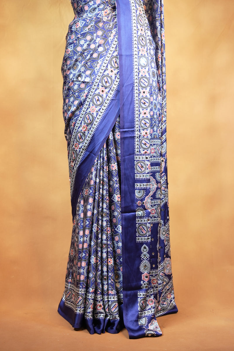 Masakali Style Satin Saree | Navy Star Motif with Mirror Embellished Border | Ethnic Wear