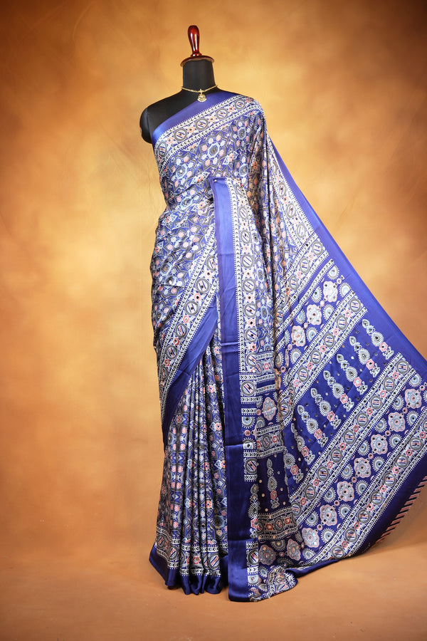 Masakali Style Satin Saree | Navy Star Motif with Mirror Embellished Border | Ethnic Wear