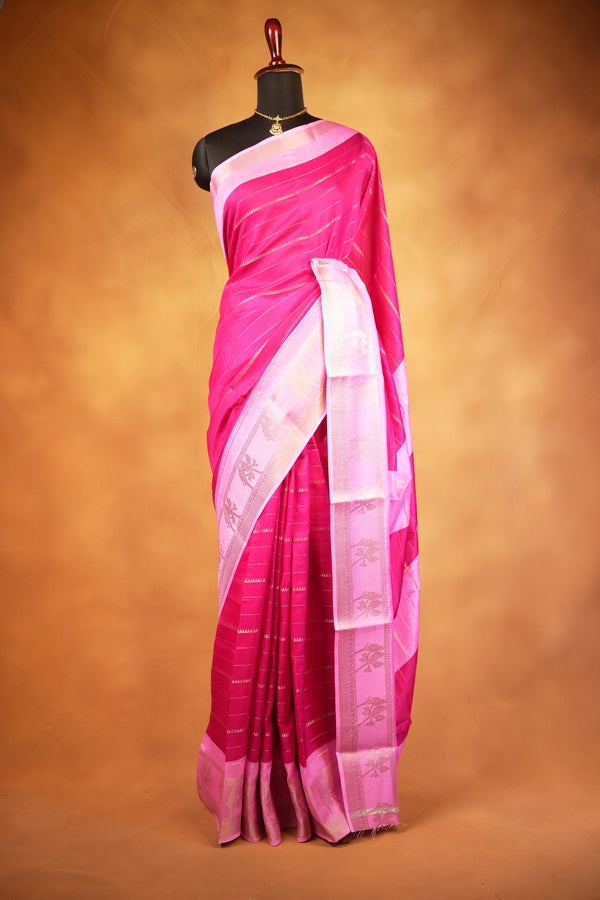 Dola Cotton Saree | Rani Pink with Light Pink Golden Floral Border | Casual & Festive Wear