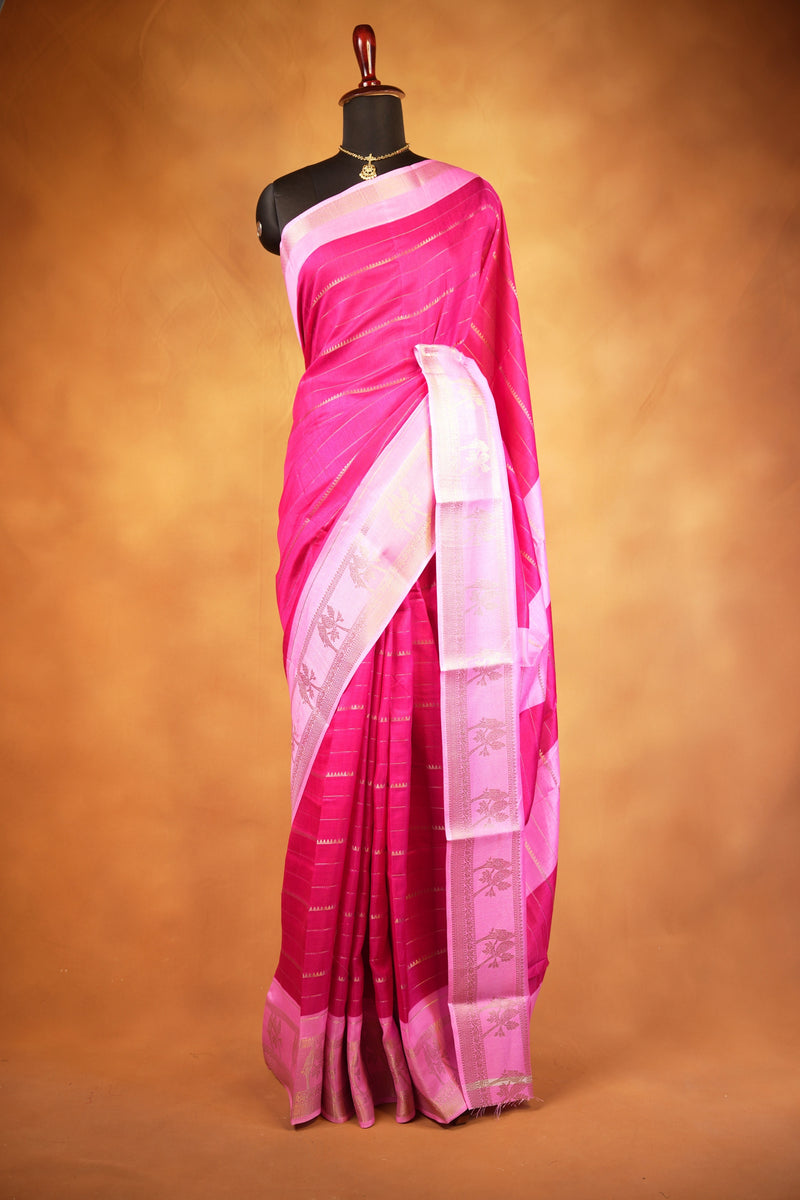 Dola Cotton Saree | Rani Pink with Light Pink Golden Floral Border | Casual & Festive Wear