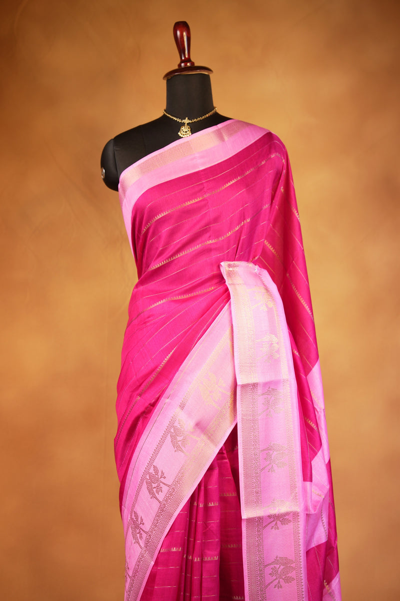 Dola Cotton Saree | Rani Pink with Light Pink Golden Floral Border | Casual & Festive Wear